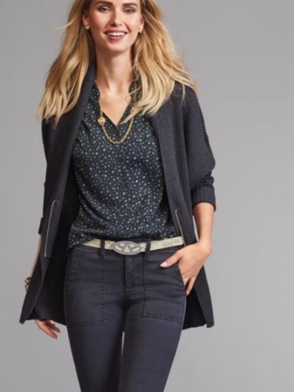 Cabi Cosmo Ribbed Zip Front Cardigan Sweater Charcoal Gray Small 100% Cotton